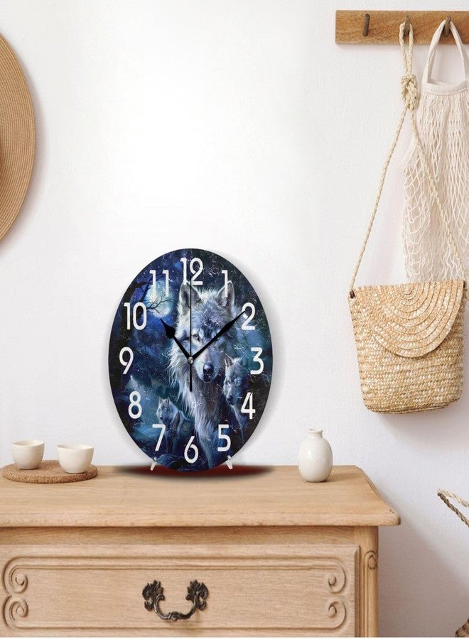 ZzWwR Pretty Magic Night Forest Tree Three Wolves Round Wall Clock, 10 Inch Analog Quiet Non Ticking Desk Clock for Home Kitchen/Living Room/Bedroom/Bathroom/Office - Image 5